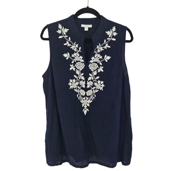 Charter club womens size Large navy blue linen floral embroidered sleeveless top - Picture 1 of 8